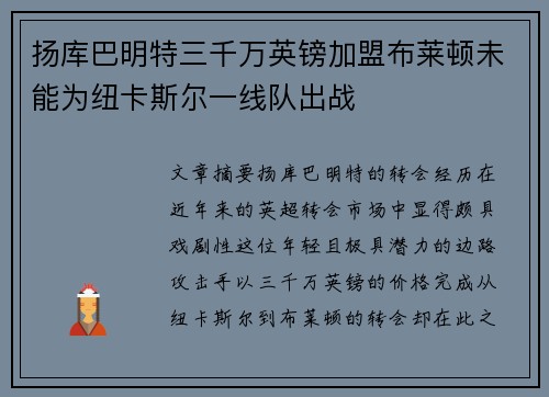 扬库巴明特三千万英镑加盟布莱顿未能为纽卡斯尔一线队出战